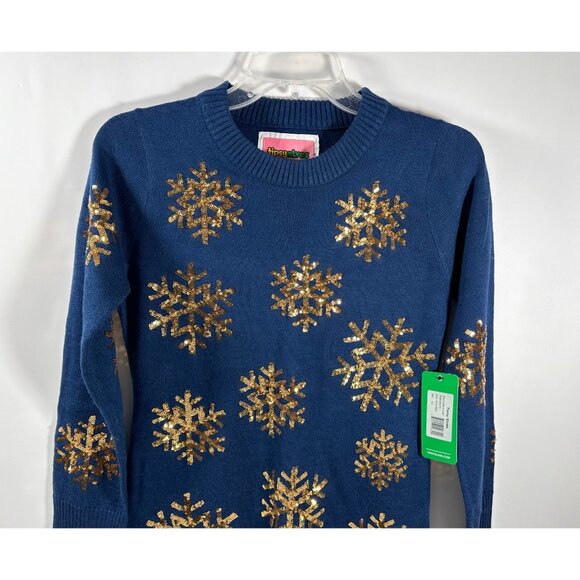 Tipsy Elves Blue Mini Sweater Dress With Gold Sequin Snowflakes Size XS NWT - Picture 3 of 16